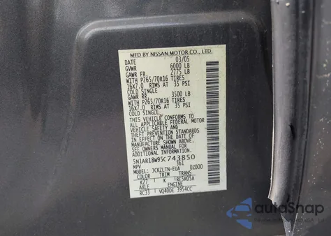 2005 Nissan Pathfinder Se из США, поврежденный, VIN 5N1AR18W95C743850